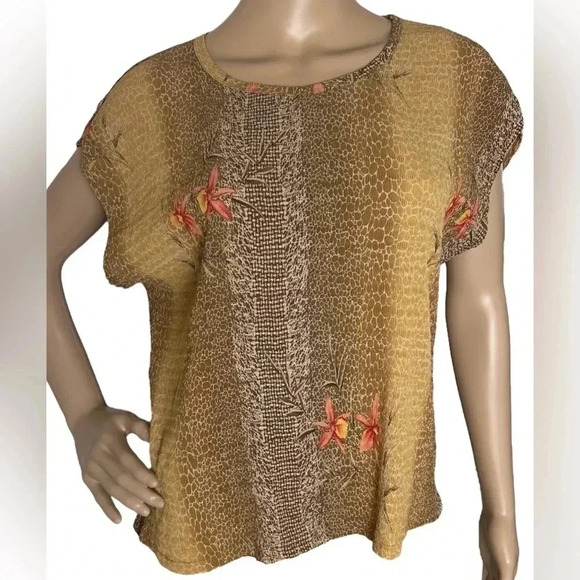 Christie & Jill Crinkle Women’s Top Sz XL Earthy Floral Short Sleeved Pullover - Picture 1 of 6